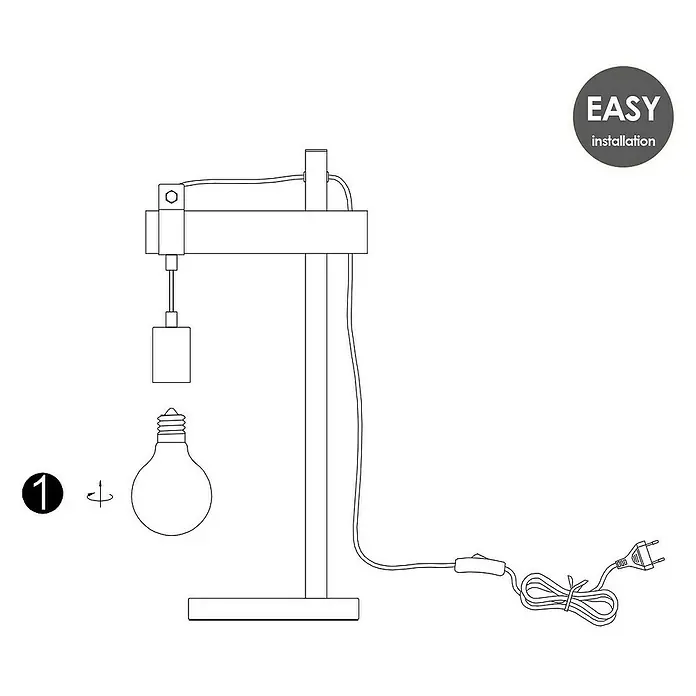 Home Sweet Home Tischleuchte Denton - 10 W, L x B x H: 20 x 26 x 55 cm, Rost - Eine Strichzeichnung zeigt die Installation einer minimalistischen Tischleuchte mit dem Hinweis "Einfache Installation".
