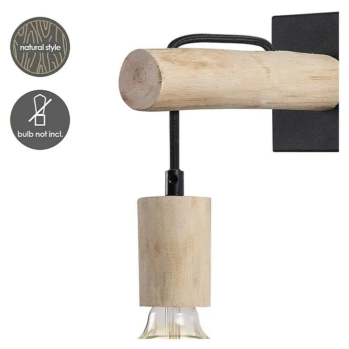 Home Sweet Home Wandleuchte Billy - 10 W, L x B x H: 10 x 20 x 22 cm, Beige, Schwarz, E27 - Stylische Holzwandleuchte mit schwarzem Kabel und Halterung, ideal für natürliche Innenraumgestaltung.