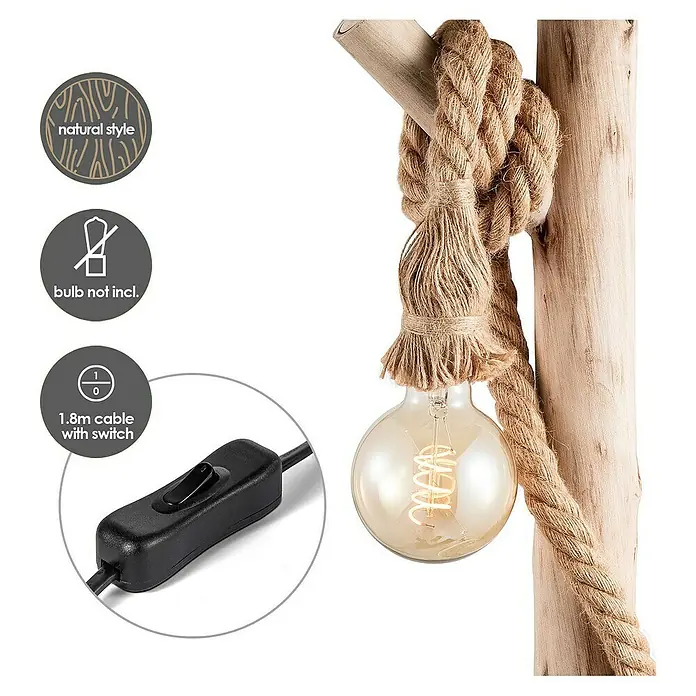Home Sweet Home Tischleuchte Maritime - 10 W, Beige - Dekorative Seil-Tischlampe mit natürlichem Holzfuß, ohne Glühbirne, inklusive 1,8 m Kabel mit Schalter für eine stimmungsvolle Beleuchtung.