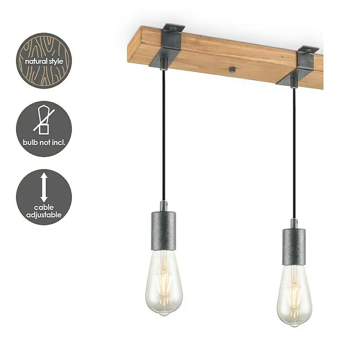 Home Sweet Home Pendelleuchte Delton - L x B x H: 70 x 14 x 140 cm, Anzahl Leuchtmittel: 4 Stk. - Deckenleuchte mit Holzbalken und zwei Vintage-Glühbirnen, Kabel verstellbar. Lampe im natürlichen Stil, ohne Glühbirne.