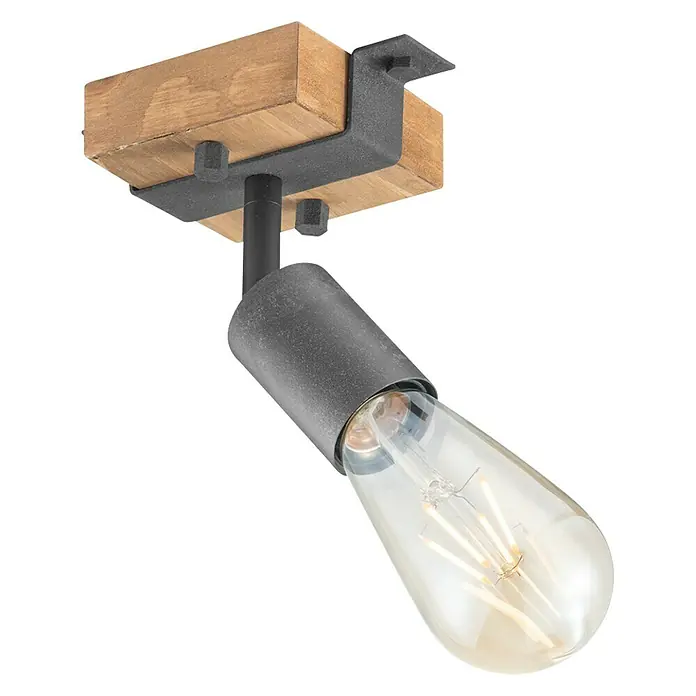 Home Sweet Home Deckenleuchte Denton - 10 W, L x B x H: 9 x 9 x 14 cm, Holz,Grau, E27 - Nahaufnahme einer modernen Deckenleuchte mit Holzsockel und Edison-Glühbirne vor schwarzem Hintergrund.