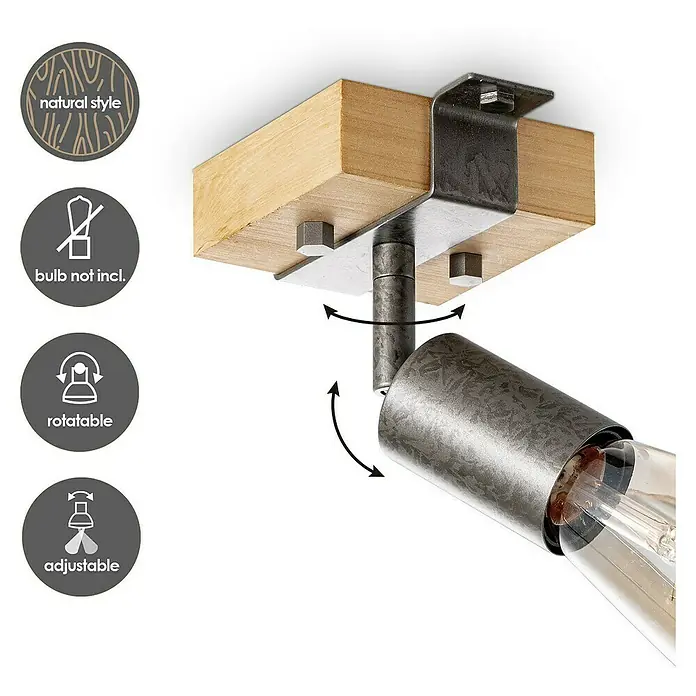 Home Sweet Home Deckenleuchte Denton - 10 W, L x B x H: 9 x 9 x 14 cm, Holz,Grau, E27 - Ansicht einer verstellbaren Deckenleuchte mit Holzsockel und Metallelementen. Das Design ist rustikal und funktional.