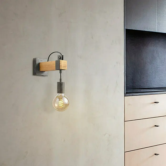 Home Sweet Home Wandleuchte Denton - 10 W, L x B x H: 20 x 10 x 23 cm, Grau, Holz, E27 - Wandleuchte mit rustikalem Design. Metall- und Holzelemente kombiniert mit einer Edison-Glühbirne für stimmungsvolles Licht.