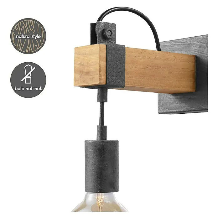 Home Sweet Home Wandleuchte Denton - 10 W, L x B x H: 20 x 10 x 23 cm, Grau, Holz, E27 - Wandleuchte im Industrial-Stil mit Holzelementen und schwarzem Metall, Leuchtmittel nicht enthalten für natürlichen Stil.