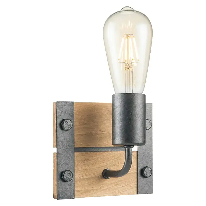 Home Sweet Home Wandleuchte Denton - 10 W, L x B x H: 15 x 11 x 13 cm, Braun, Grau - Wandleuchte mit Edison-Glühbirne, rustikalem Holzsockel und Metallbefestigungen für ein industrielles Ambiente.