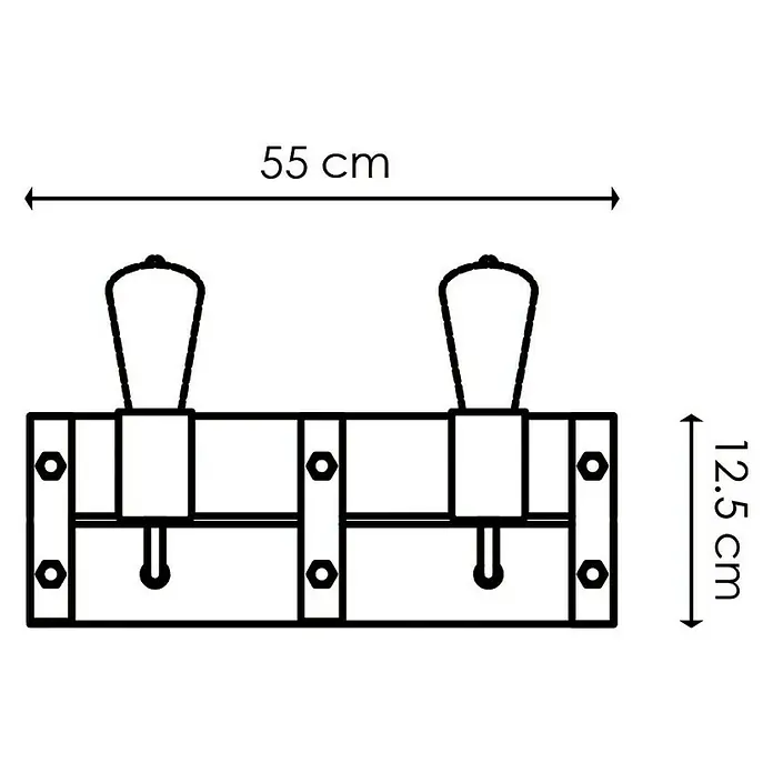 Home Sweet Home Wandleuchte Denton - 10 W, L x B x H: 35 x 11 x 13 cm, Braun, Grau - Nahaufnahme einer rustikalen Wandleuchte mit zwei Edison-Glühbirnen, die ein warmes, einladendes Licht ausstrahlt. Die Lampe ist 55 cm breit und 12,5 cm hoch.