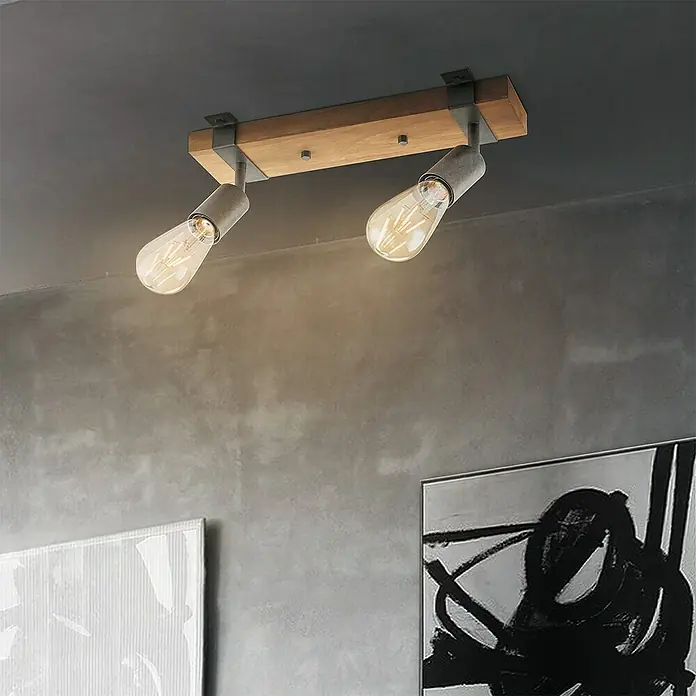 Home Sweet Home Deckenleuchte Denton - 10 W, L x B x H: 33,5 x 9 x 14 cm, Holz,Grau, E27 - Zwei Scheinwerfer mit einem Balken an der Decke. Sie spenden ein warmes Licht und beleuchten den Raum, in dem sie installiert sind.
