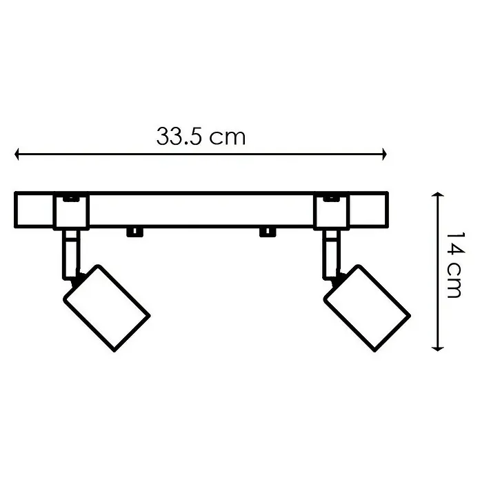 Home Sweet Home Deckenleuchte Denton - 10 W, L x B x H: 33,5 x 9 x 14 cm, Holz,Grau, E27 - Abbildung einer Doppelkopf-Deckenleuchte in Schwarz mit Maßangaben (33,5 cm Breite, 14 cm Höhe).