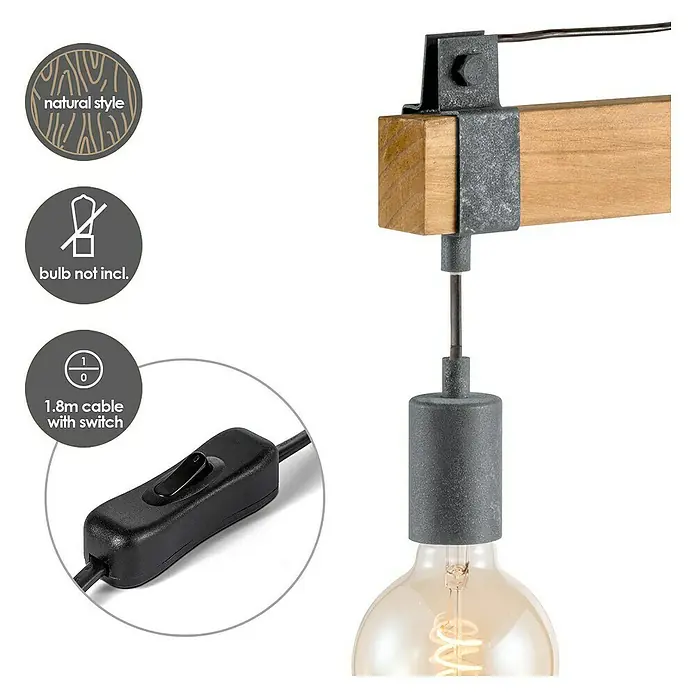 Home Sweet Home Tischleuchte Denton - 10 W, L x B x H: 20 x 26 x 55 cm, Grau, Holz - Produktabbildung einer modernen Pendelleuchte mit Holzbalken, Metallelementen und einem Schalter am Kabel.