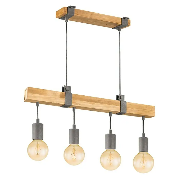 Home Sweet Home Pendelleuchte Denton - Höhe: 128 cm, Max. Systemleistung: 40 W - Rustikale Hängelampe mit Holzbalken und vier Glühbirnen für eine warme und einladende Beleuchtung.