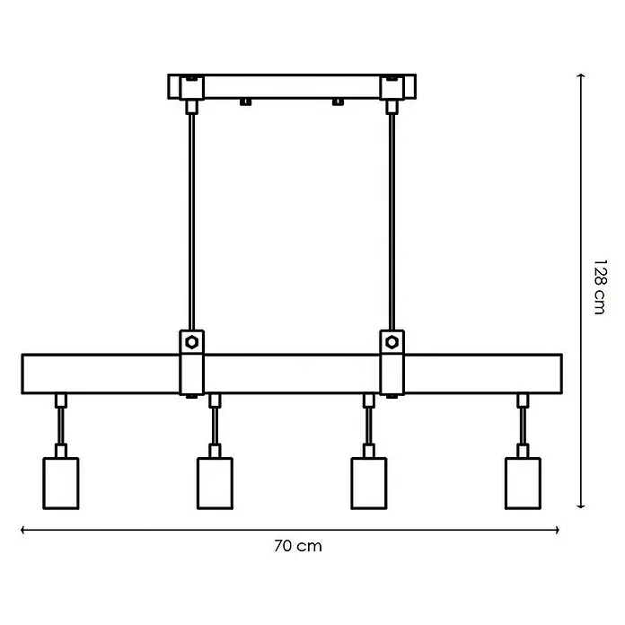 Home Sweet Home Pendelleuchte Denton - Höhe: 128 cm, Max. Systemleistung: 40 W - Abbildung einer Hängelampe mit vier Leuchten, die an einer horizontalen Stange befestigt sind, mit Maßangaben für Höhe und Breite.
