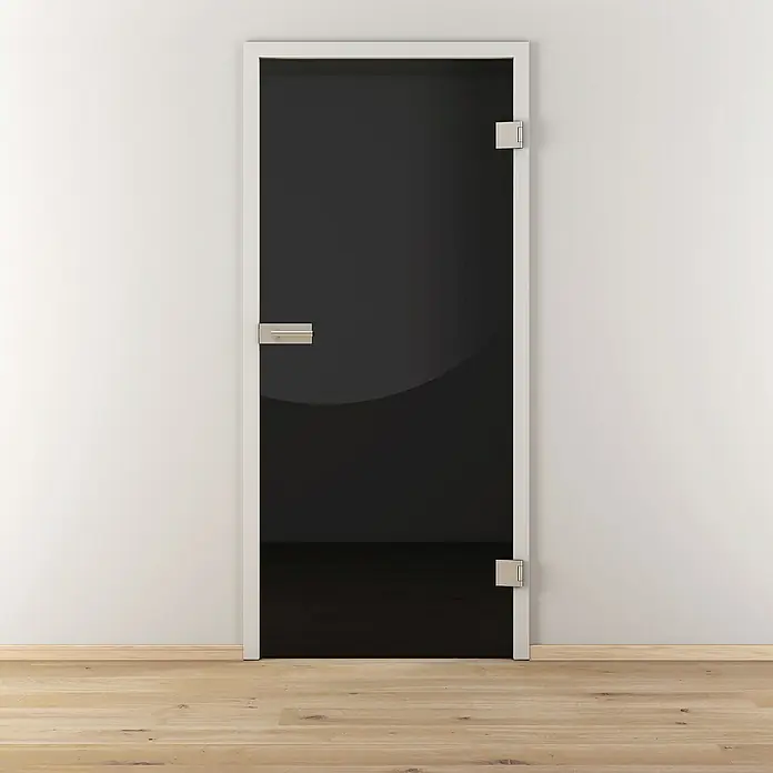 Diamond Doors Black Edition Glasdrehtür 517 - 834 x 1.972 mm, DIN Anschlag: Links/Rechts, Verbundsicherheitsglas (VSG), Schwarz - Eine elegante schwarze Glastür mit silbernen Beschlägen fügt sich nahtlos in eine moderne Inneneinrichtung ein und bietet einen stilvollen Zugang.