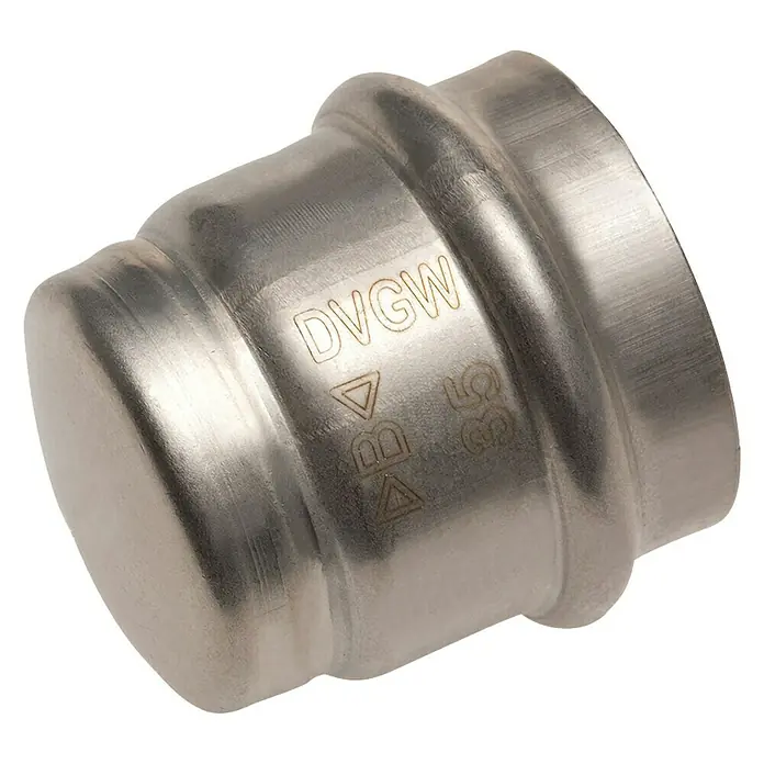 Edelstahl-Press-Kappe - Durchmesser: 18 mm - Edelstahl-Pressfitting-Kappe mit Markierungen für Rohrsysteme, ideal für Trinkwasser- und Heizungsinstallationen.