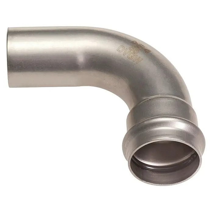 Edelstahl-Press-Bogen I/A - Durchmesser: 28 mm, Winkel: 90 ° - Edelstahl Pressfitting Bogen 90° mit DVGW-Zertifizierung für Trinkwasser- und Heizungsinstallationen. Robuste Konstruktion für zuverlässige Verbindungen.