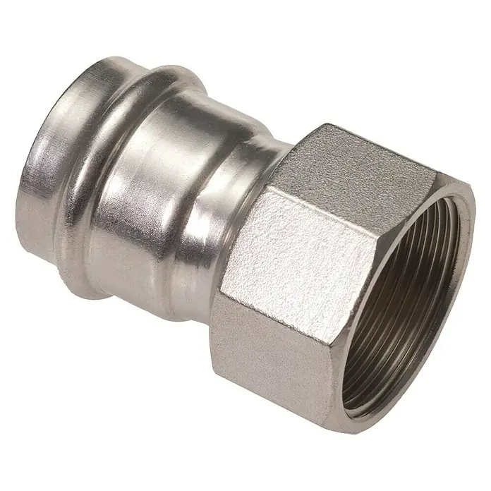 Edelstahl-Übergangs-Muffe - Durchmesser: 15 mm, Innengewinde: ½″ - Eine silberne, metallische Pressverbindung mit Innengewinde auf schwarzem Hintergrund. Ideal für professionelle Installationen.