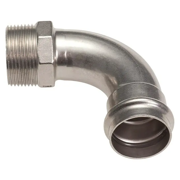 Edelstahl-Press-Übergangswinkel - Durchmesser: 15 mm, Außengewinde: ½″, 90 ° - Ein glänzender, silberner 90-Grad-Rohrbogen mit Gewindeanschluss an einem Ende und Pressverbindung am anderen, ideal für Sanitärinstallationen.