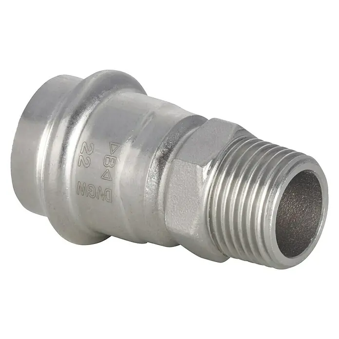 Edelstahl-Press-Übergangs-Nippel - Durchmesser: 18 mm, ½″ - Ein silbernes Übergangsstück mit Press- und Gewindeanschluss auf schwarzem Hintergrund.