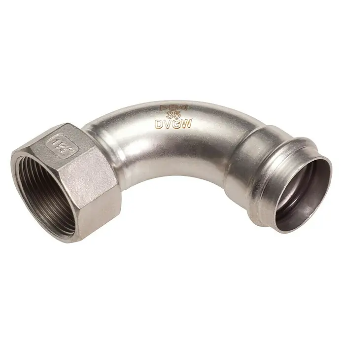 Edelstahl-Press-Übergangswinkel - Durchmesser: 18 mm, Innengewinde: ¾″, 90 ° - Abbildung eines 90-Grad-Winkelstücks aus Edelstahl mit Gewinde und Pressverbindung, ideal für Sanitär- und Heizungsanwendungen.