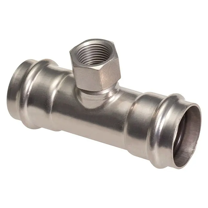 Edelstahl-Press-T-Stück - Durchmesser: 15 mm, Innengewinde: ½″ - T-Stück-Rohrverbinder aus Edelstahl. Dieses Sanitärteil hat an der Seite ein Gewinde. Es wird für die Installation von Wasserleitungen verwendet.
