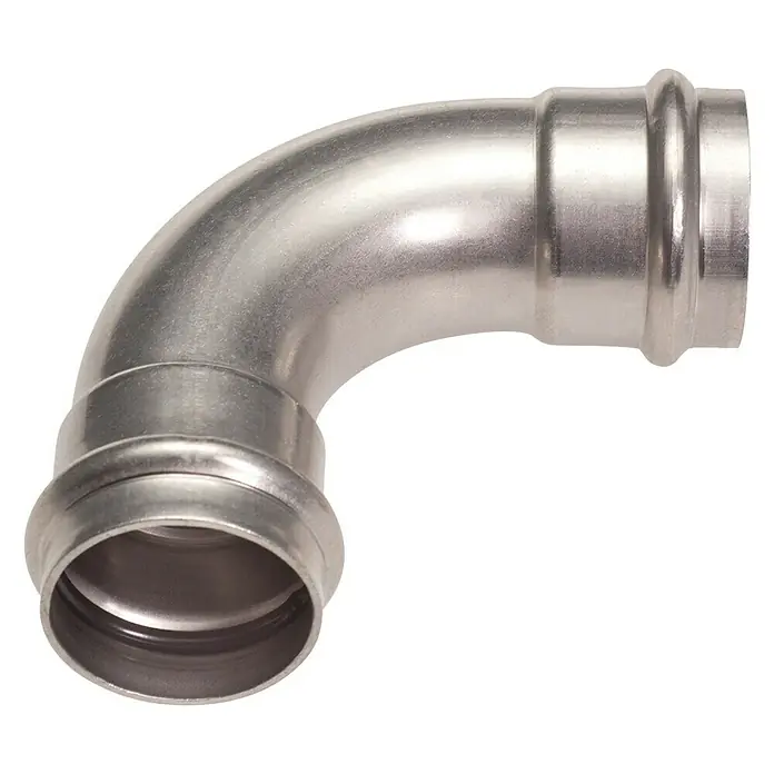 Edelstahl-Press-Bogen - Durchmesser: 28 mm, Winkel: 90 ° - Bild eines 90-Grad-Pressfittings aus Edelstahl, der für Rohrleitungen in verschiedenen Anwendungen verwendet wird.