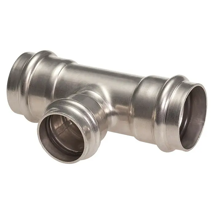 Edelstahl-Press-Reduzier-T-Stück - Durchmesser: 28 mm, 28 x 22x 28 mm - Abbildung eines T-Stücks aus Edelstahl, einem robusten und langlebigen Verbindungselement für Rohrsysteme. Ideal für Sanitär- und Heizungsanwendungen.