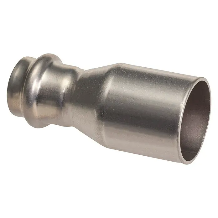 Edelstahl-Press-Reduzier-Stück - 28 x 22 mm - Ein Pressfitting-Reduzierstück aus Metall, glänzend und robust, ideal für professionelle Sanitärinstallationen.\n
