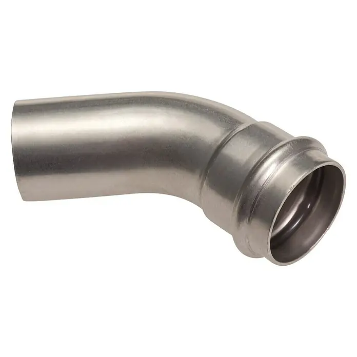 Edelstahl-Press-Bogen I/A - Durchmesser: 22 mm, Winkel: 45 ° - Ein 45-Grad-Rohrbogen aus Edelstahl, der für Pressverbindungen geeignet ist. Ideal für Sanitär- und Heizungsinstallationen.