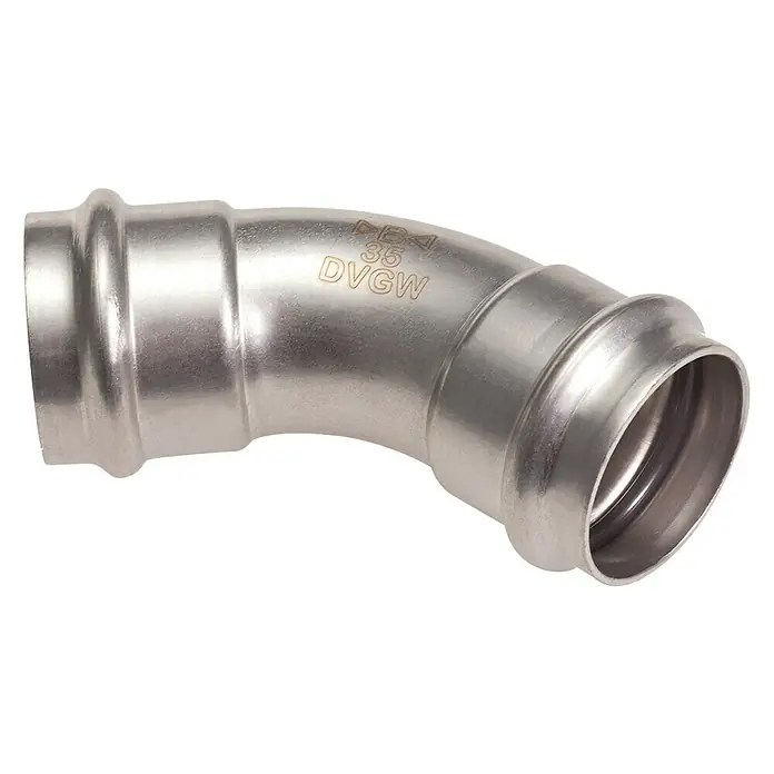 Edelstahl-Press-Bogen - Durchmesser: 15 mm, Winkel: 45 ° - Ein 90-Grad-Edelstahlrohrbogen mit Pressverbindung, ideal für Sanitär- und Heizungsinstallationen.