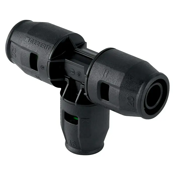 Geberit Pushfit Steck-Reduzier-T-Stück - Durchmesser: 20 mm, 20 x 16 x 20 mm - Schwarzes Geberit T-Stück, ein hochwertiges Sanitärprodukt für zuverlässige Rohrverbindungen im Hausbau und in der Installationstechnik.