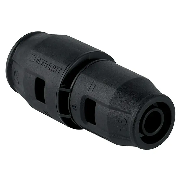 Geberit Pushfit Reduktion - 25 x 20 mm - Schwarzer Geberit Steckverbinder in Nahaufnahme, zeigt Details des Designs und der Materialbeschaffenheit.
