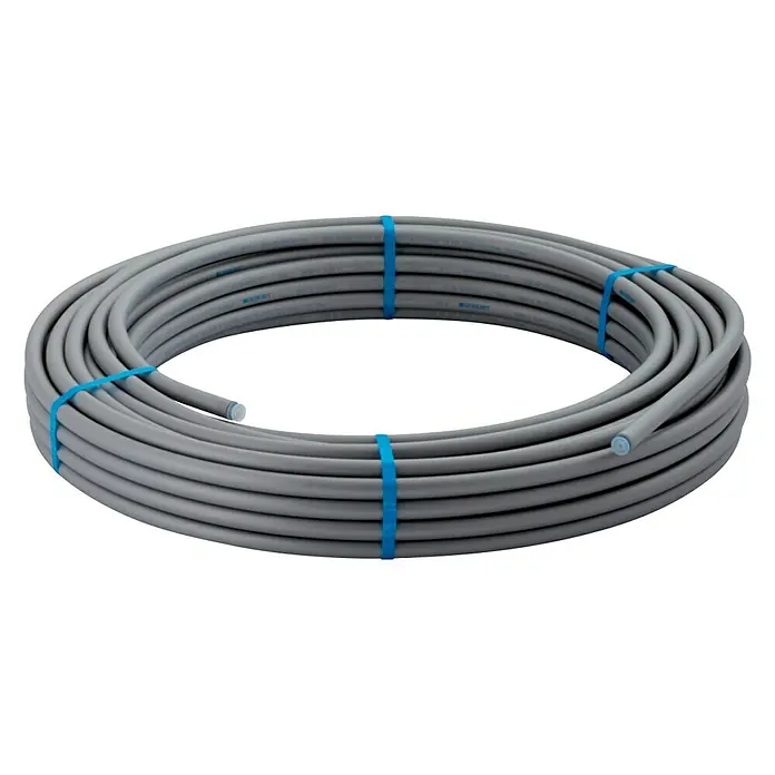Geberit Pushfit Metallrohr - Durchmesser: 25 mm, Länge: 50 m - Aufgerollte graue Pex-Rohrleitung, gesichert mit blauen Kabelbindern, ideal für Sanitär- und Heizungsanwendungen.