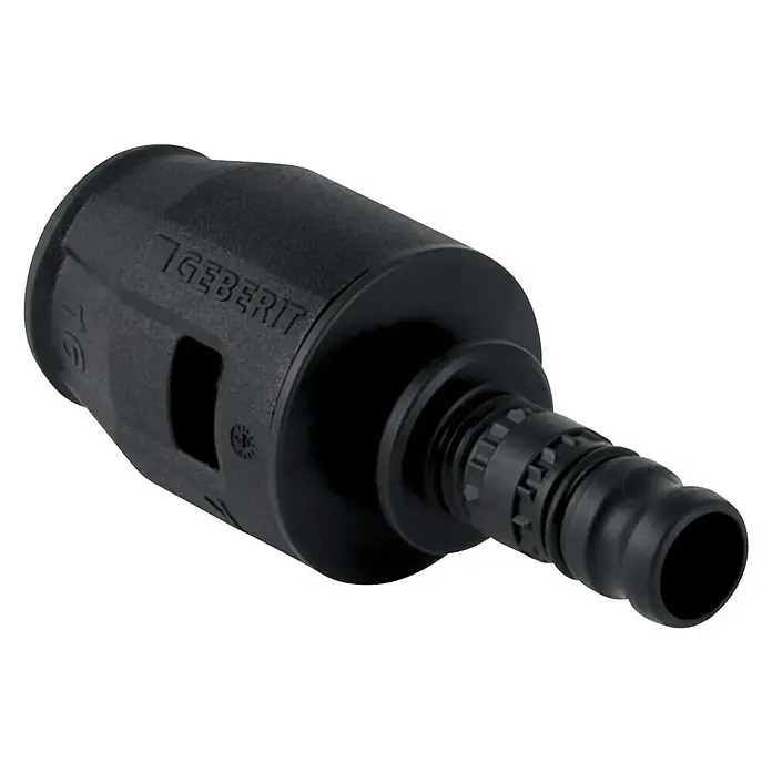 Geberit Pushfit Steck-Übergangsnippel - Durchmesser: 16 mm - Abgebildet ist ein Geberit Übergangsnippel aus schwarzem Kunststoff, ein Verbinder für Sanitäranlagen.