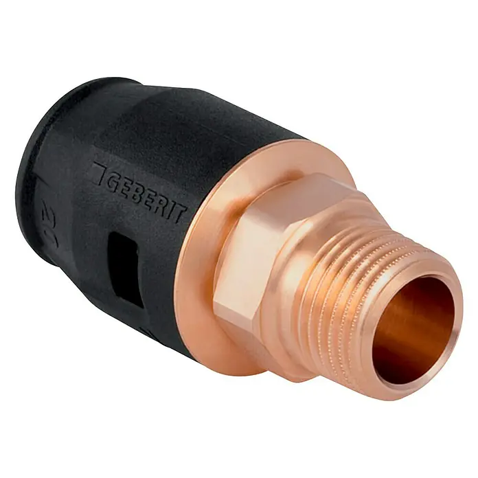 Geberit Pushfit Steck-Übergangsnippel - Durchmesser: 25 mm, Außengewinde: 1″ - Detailaufnahme eines Geberit Geräteanschlusswinkels mit schwarzem Kunststoff- und Kupferteil, ideal für Sanitärinstallationen.