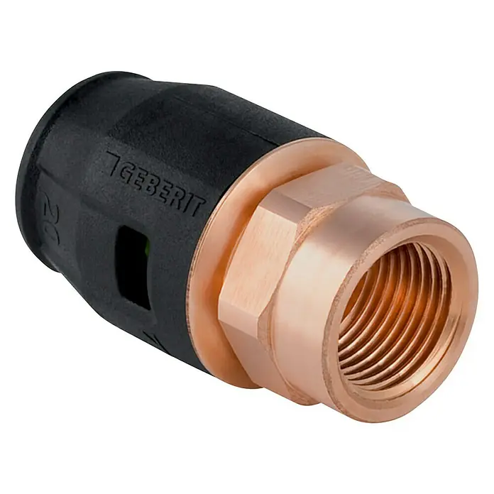 Geberit Pushfit Steck-Übergangsnippel - Durchmesser: 25 mm, Innengewinde: ¾″ - Eine Geberit Übergangsverschraubung mit einem schwarzen Kunststoffteil und einem goldenen Gewinde.