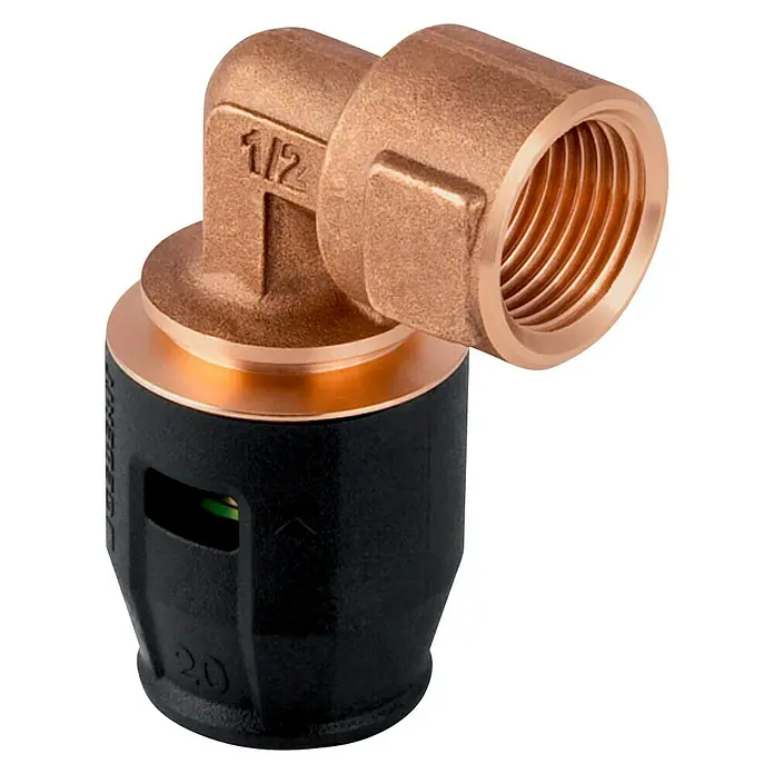 Geberit Pushfit Steck-Übergangswinkel - Durchmesser: 25 mm, Innengewinde: ¾″ - Ein 1/2-Zoll-Kupferrohrbogen mit Gewindeanschluss und schwarzem Kunststoffgehäuse für Sanitäranwendungen.