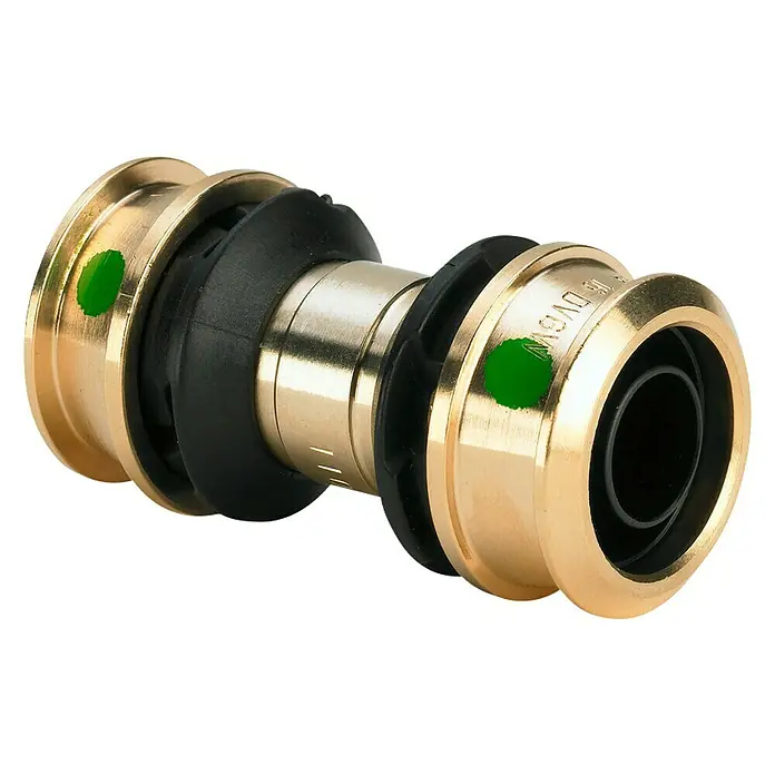 Viega Raxofix Presskupplung - Durchmesser: 16 mm - Ein Messing-Rohrverbinder mit schwarzen Dichtungen und grünen Markierungen. Ideal für professionelle Installationen und zuverlässige Verbindungen.