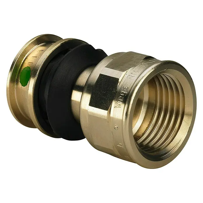 Viega Raxofix Press-ÜbergangsstückDurchmesser: 25 mm, Innengewinde: ¾″ - Ein Viega-Pressverbinder aus Messing mit schwarzem O-Ring und grüner Markierung, ideal für Sanitär- und Heizungsinstallationen.