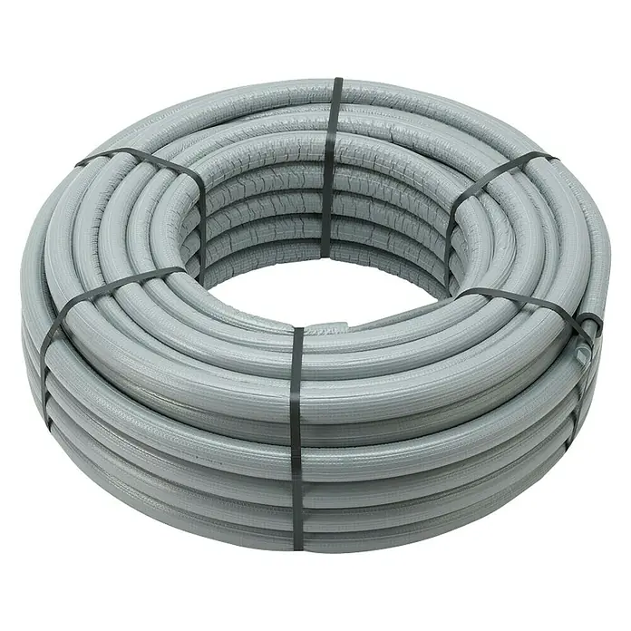 Viega Raxofix Alu-Verbundrohr - Durchmesser: 20 mm, Länge: 50 m - Grauer flexibler Elektroinstallationsrohr-Rolle, ideal für Kabelschutz und einfache Installation mit dunklen Bändern zusammengehalten.