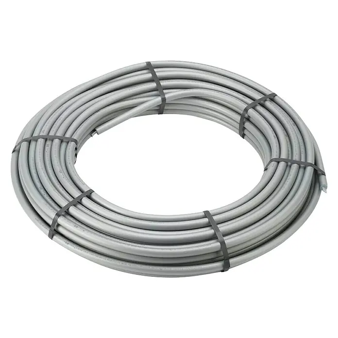 Viega Raxofix Alu-Verbundrohr - Durchmesser: 20 mm, Länge: 75 m - Rolle grauer PEX-Rohre, zusammengehalten durch schwarze Kabelbinder, ideal für Sanitär- und Heizungsanwendungen.