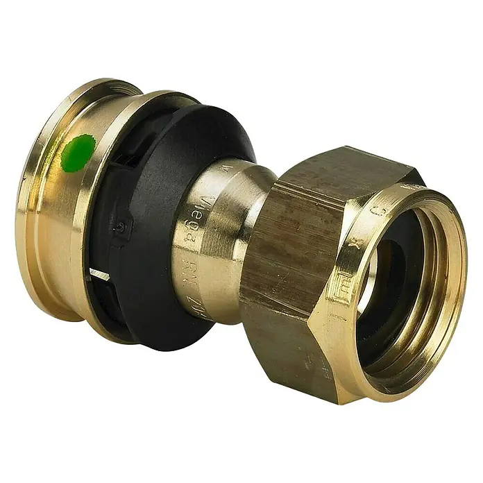 Viega Raxofix Press-Anschlussverschraubung - Durchmesser: 16 mm, Innengewinde: ¾″ - Messingfitting mit schwarzem Dichtungsring und grüner Markierung, ideal für Sanitärinstallationen.
