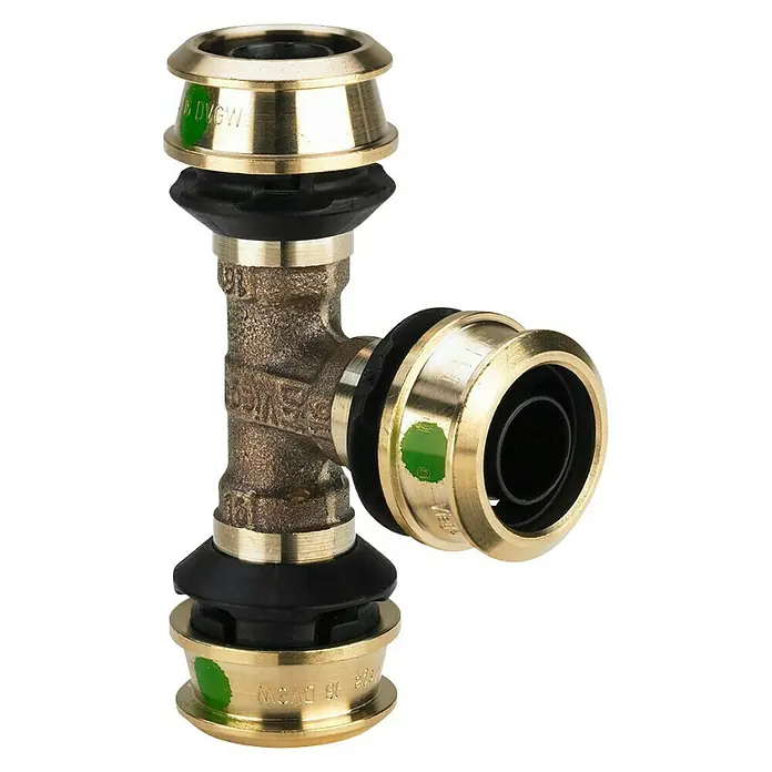 Viega Raxofix Press-Reduzier-T-Stück - Durchmesser: 25 mm, Ausführungseigenschaft: 25 X 20 X 25 mm - Messing T-Stück Viega Pressfitting mit grünen Markierungen und schwarzen Dichtungen für Rohinstallationen und Sanitäranwendungen.