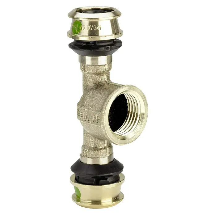 Viega Raxofix Press-T-Stück - Durchmesser: 16 mm, Innengewinde: ½″ - Abbildung eines Viega Profipress Übergangs-T-Stücks mit Innengewinde, ideal für Sanitär- und Heizungsinstallationen, robust und zuverlässig.