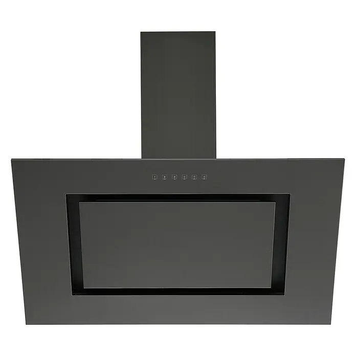 Respekta Schräghaube Nele - Breite: 90 cm, Max. Gebläseleistung Abluftbetrieb: 502,6 m³/h, Blacksteel - Nahaufnahme einer modernen, schwarzen Dunstabzugshaube mit rechteckigem Design und Bedienfeld.