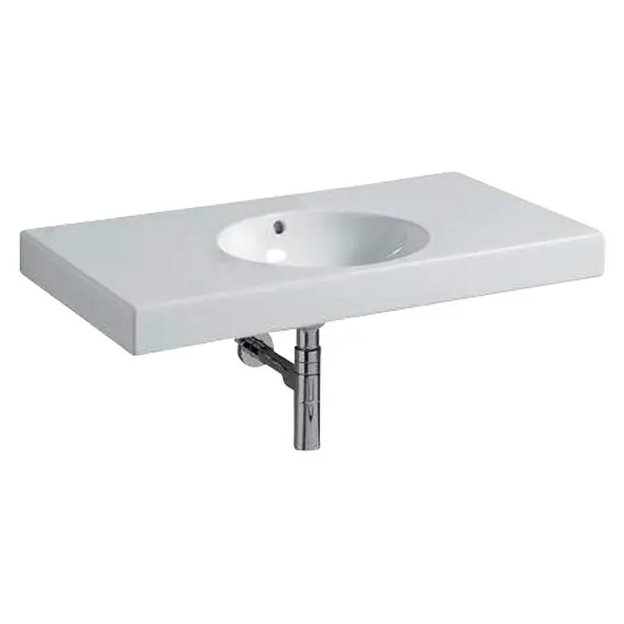 Geberit Preciosa Waschtisch II - 90 x 50 cm, Ohne Spezialglasur, Hahnloch: Ohne, Ohne Überlauf, Weiß - Das Bild zeigt ein elegantes Waschbecken mit einer rechteckigen, weißen Oberfläche und einem runden Becken, gestützt von einem Chromgestell.