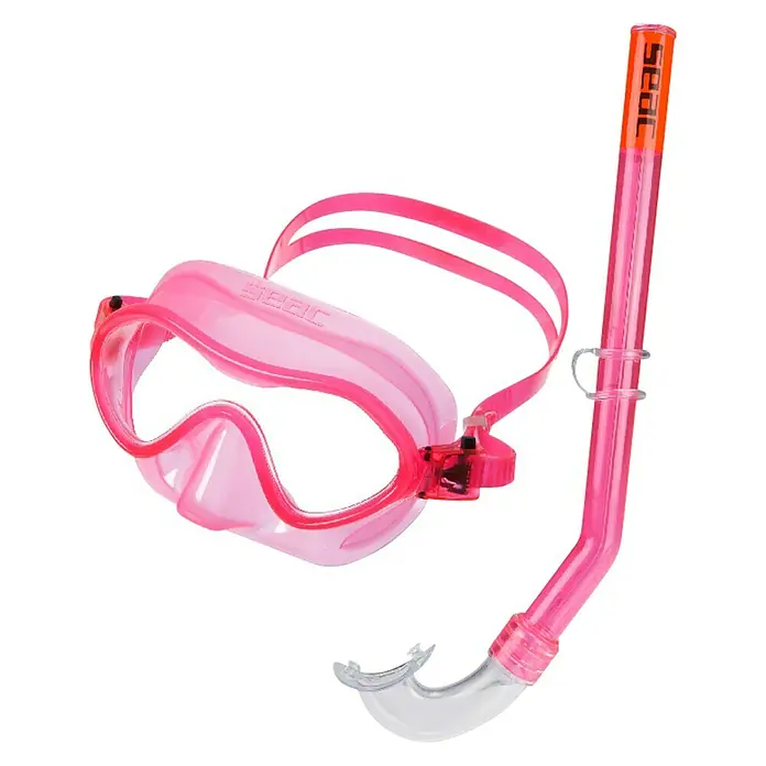 Seac Sub Set de buceo Baia - Rosa - Máscara de buceo y snorkel rosa con el logo "seac", ideales para aventuras submarinas y excursiones de snorkel.