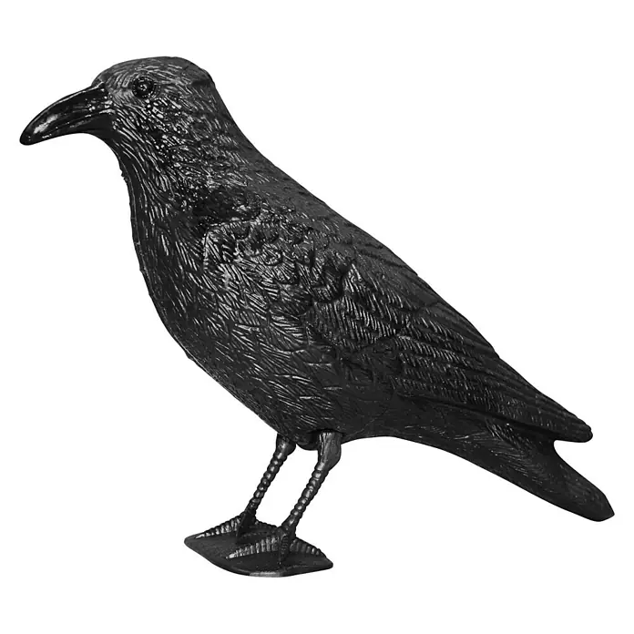 Swissinno Natural Control Taubenabwehr-Rabe - Länge: 36 cm - Nahaufnahme einer schwarzen Krähenfigur aus Kunststoff. Eine gruselige und auffällige Dekoration für Halloween-Events.