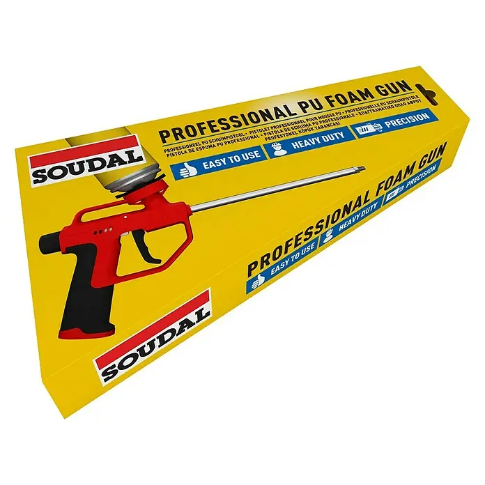 Soudal Pistola de espuma PU Bricolaje - Apto para: Espuma de PU - Imagen de una pistola de espuma de PU profesional Soudal en rojo y negro, empaquetada en una caja amarilla, ideal para aplicaciones profesionales.