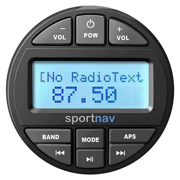 Sportnav Equipo de música marino SPOH825 - 12 V - Imagen de una radio de coche Sportnav con pantalla LCD y botones para el control de volumen y la selección de frecuencia.