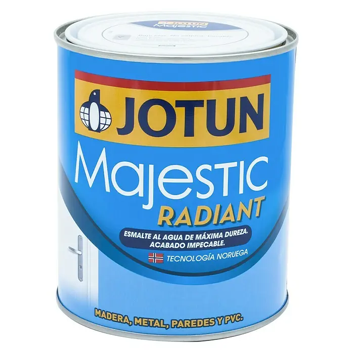 Jotun Esmalte de color Majestic Radiant - Blanco, Brillante, 750 ml, Base de agua - Primer plano de una lata de pintura JOTUN Majestic Radiant, una opción de alta calidad para madera, metal, paredes y superficies de PVC.
