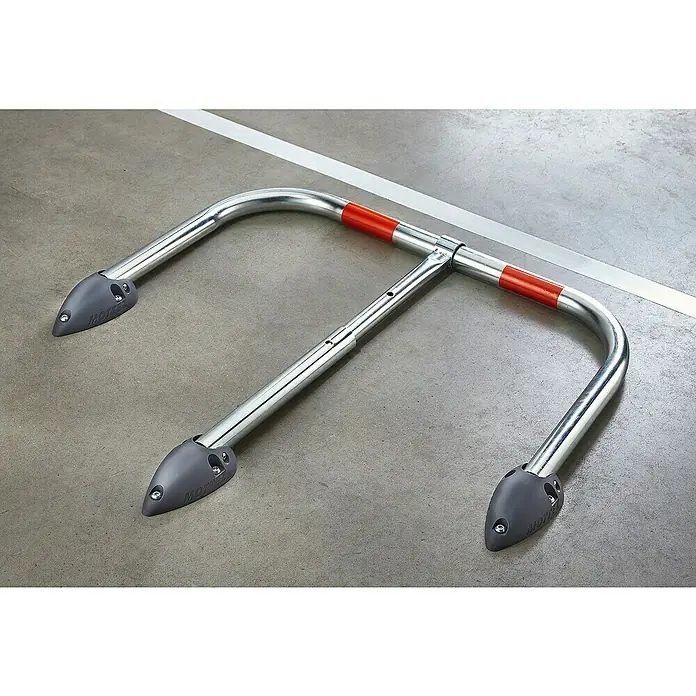 Mottez Parkbügel Standard - L x B x H: 81 x 38 x 42 cm, Stahl - Metall-Parkplatzsperre mit roten Markierungen und grauem Sockel zur Sicherung von Parkplätzen. Robuster Schutz vor unbefugtem Parken.